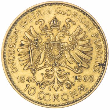 1908 Gold 10 Crowns Government Jubilee VZ-, small print, spotty