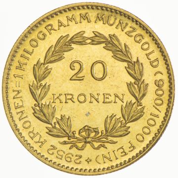 1923 Gold 20 Kronen 1923 VZ, feine Kr., =SELTEN=