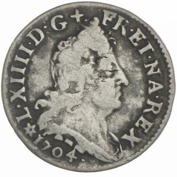 1704 France Silver 5 Sols, 1/4 Ecu aux insignes 1704 BB SS+