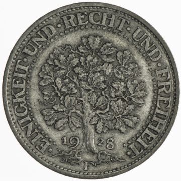 1928 Silver 5 Reichsmark 1928 F Eichbaum SS-, fleckig