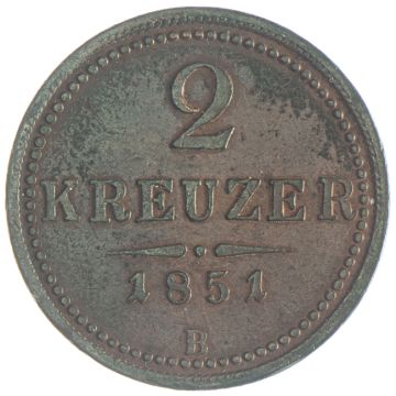 1851 Austria 2 Kreuzer from B VZ, small crown.